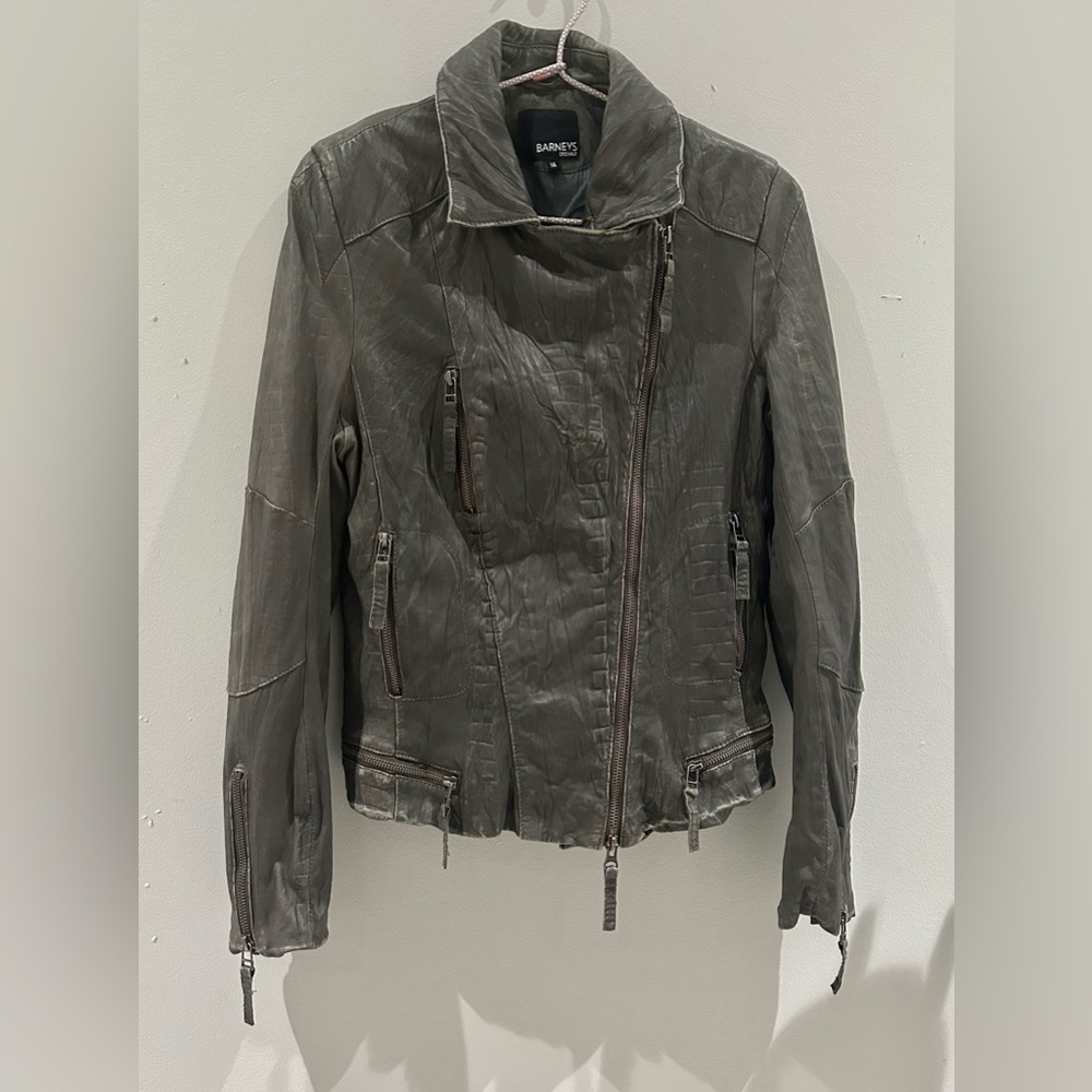 Barneys Originals- Women's Leather Biker Jacket in Gray